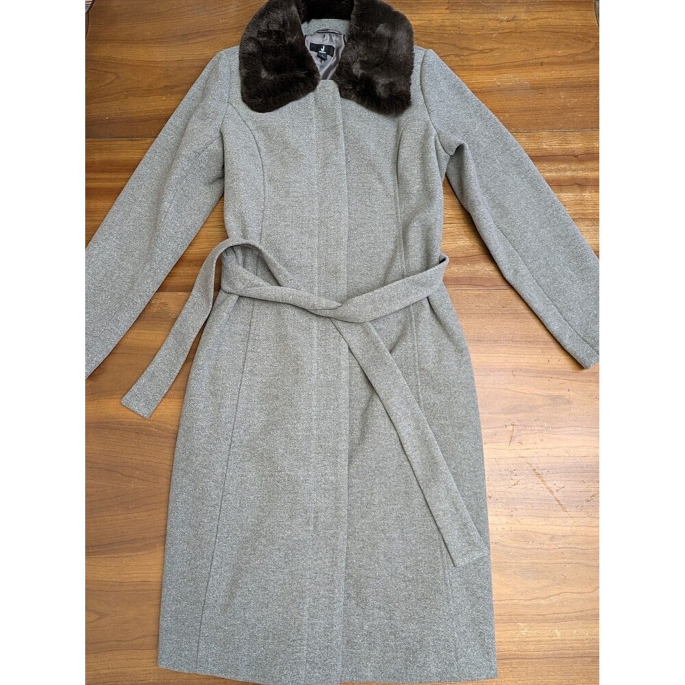 NEW J Jason Wu Women's S Gray Zip Long Trench Over Coat Belted Faux Fur Collar